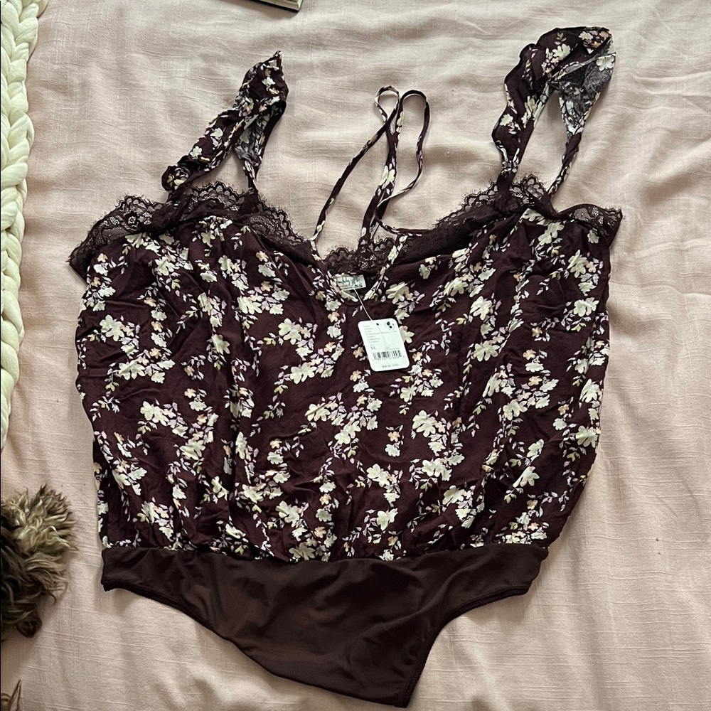 Free People Floral Lace Bodysuit - Brown and White